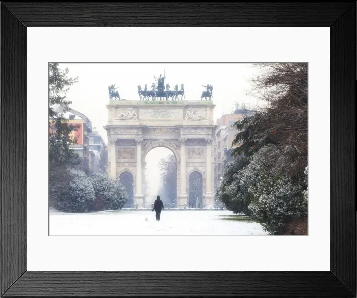 Framed Print : One person walks in the snow in front of Arch of Peace. Milan, Lombardy, Northern Italy