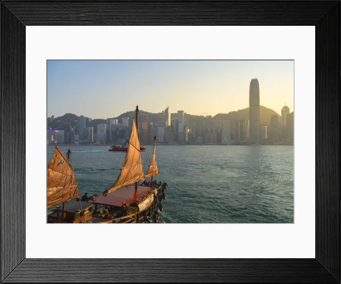 Framed Print : Junk boat in Victoria Harbour, Hong Kong Island, Hong Kong Framed Print : Junk boat in Victoria Harbour, Hong Kong Island, Hong Kong