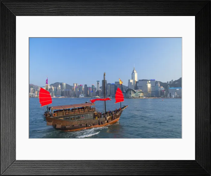 Framed Print : Junk boat in Victoria Harbour, Hong Kong Island, Hong Kong Framed Print : Junk boat in Victoria Harbour, Hong Kong Island, Hong Kong