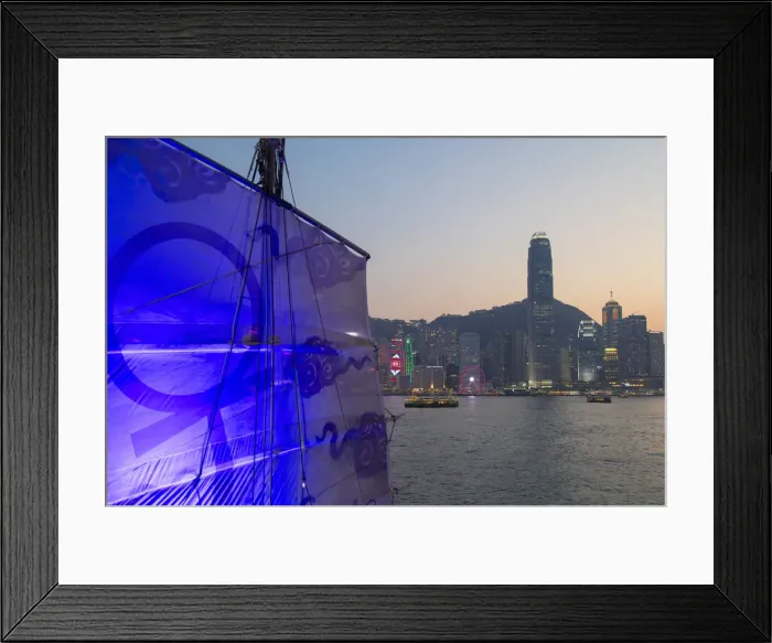Framed Print : Junk boat in Victoria Harbour at dusk, Hong Kong Island, Hong Kong Framed Print : Junk boat in Victoria Harbour at dusk, Hong Kong Island, Hong Kong