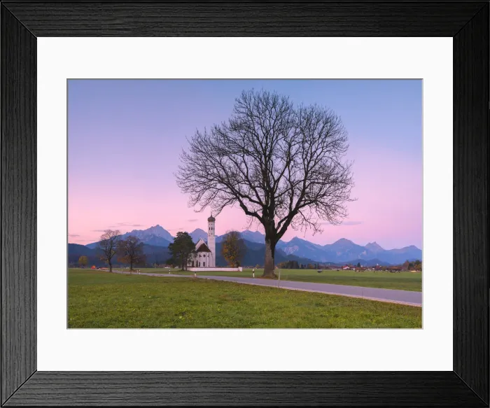 Framed Print : Pink sunrise on St Coloman Church surrounded by woods Schwangau Bavaria Germany Europe
