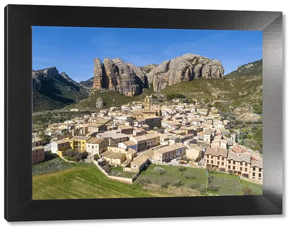 Aerial view of Aguero village. Aguero, Huesca, Aragon, Spain