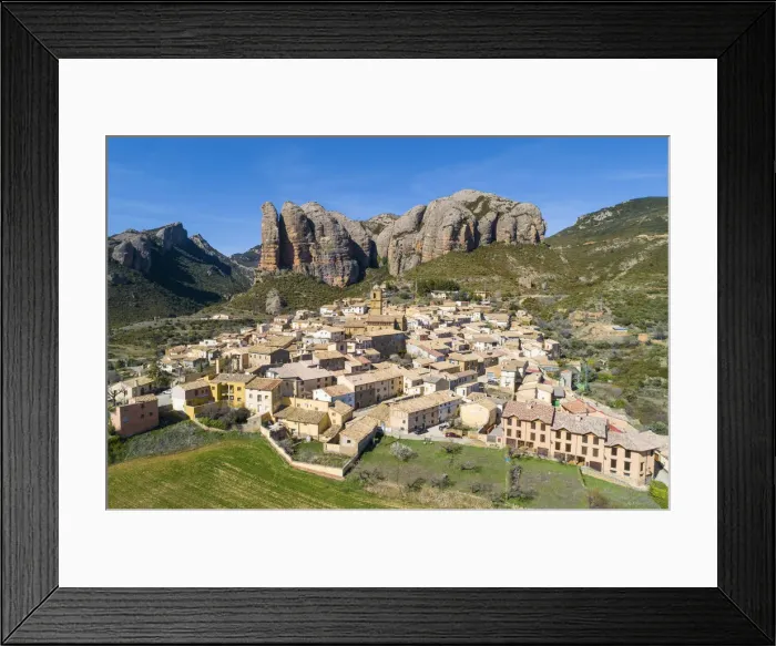 Framed Print : Aerial view of Aguero village. Aguero, Huesca, Aragon, Spain