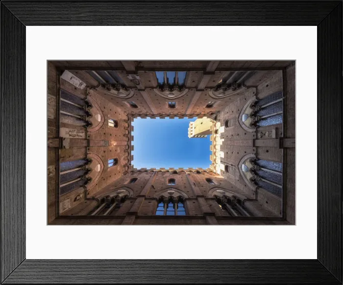 Framed Print : Siena, Tuscany, Italy, Europe. Classic bottom view of Palazzo Pubblico with Del Mangia s Framed Print : Siena, Tuscany, Italy, Europe. Classic bottom view of Palazzo Pubblico with Del Mangia s