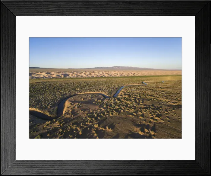 Framed Print : Aerial view of a Khongoriin river and Khongor dunes in Gobi Gurvan Saikhan National Park Framed Print : Aerial view of a Khongoriin river and Khongor dunes in Gobi Gurvan Saikhan National Park
