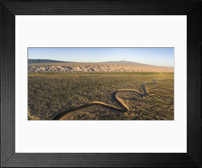 Framed Print : Aerial view of a Khongoriin river and Khongor dunes in Gobi Gurvan Saikhan National Park Framed Print : Aerial view of a Khongoriin river and Khongor dunes in Gobi Gurvan Saikhan National Park