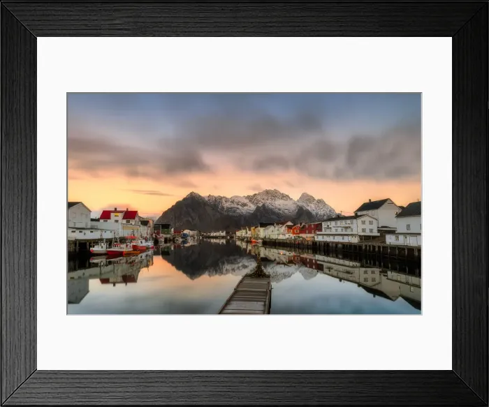 Framed Print : Reflected in the waters, Henningsvaer fjord. Lofoten Islands. Norway. Europe Framed Print : Reflected in the waters, Henningsvaer fjord. Lofoten Islands. Norway. Europe