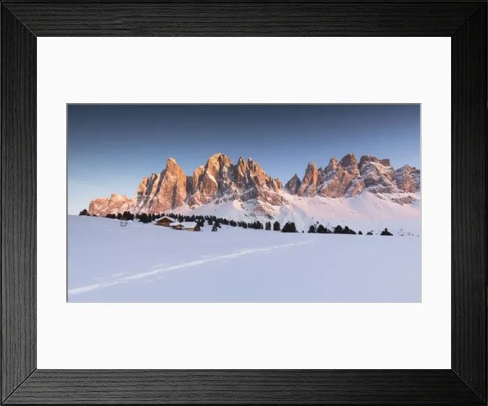 Framed Print : a beautiful winter sunset on the Geisler in Villn√∂ssertal, Bolzano province, South Tyrol, Trentino Alto Adige, Italy