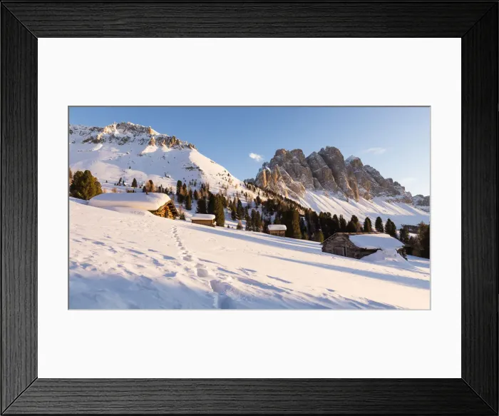 Framed Print : a beautiful sunset on the Geisler in Villn√∂ssertal with a group of mountain huts in the foreground, Bolzano province, South Tyrol, Trentino Alto Adige, Italy