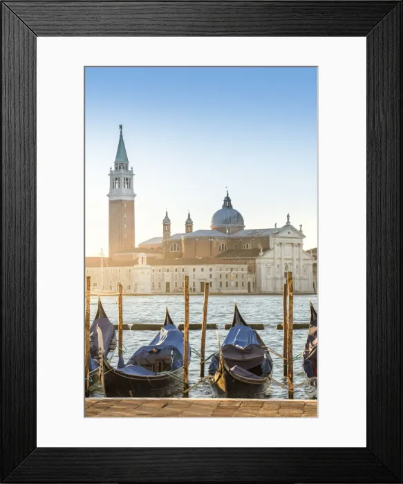 Framed Print : Venice, Veneto, Italy. Gondolas moored in Riva degli Schiavoni and San Giorgio Maggiore Framed Print : Venice, Veneto, Italy. Gondolas moored in Riva degli Schiavoni and San Giorgio Maggiore
