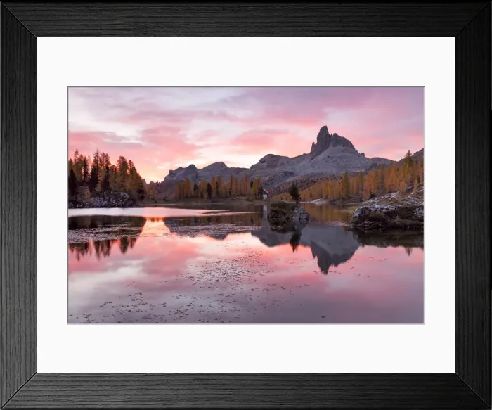 Framed Print : Colorful sunrise at Federa lake in autumn, Cortina d Ampezzo, Belluno, Dolomites Framed Print : Colorful sunrise at Federa lake in autumn, Cortina d Ampezzo, Belluno, Dolomites
