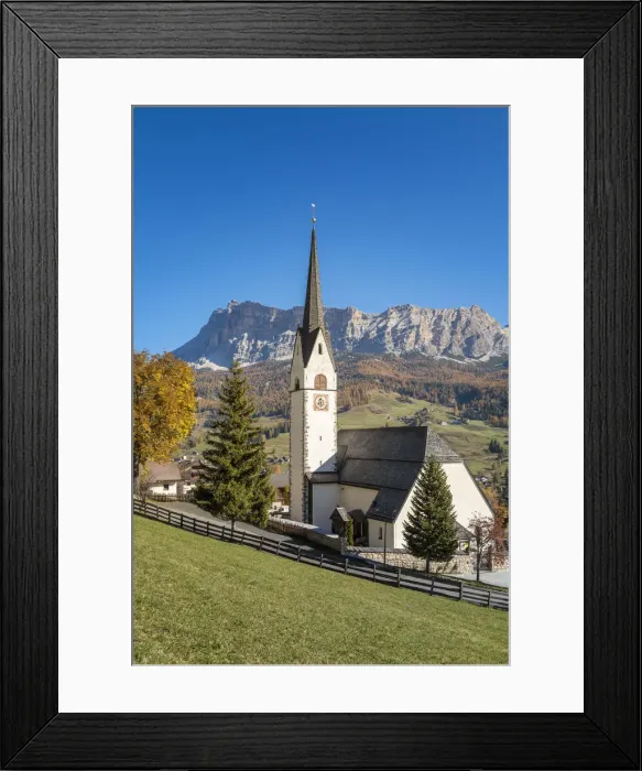 Framed Print : Church of Stern or La Villa in front of the Heiligkreuzkofel, Abtei or Badia, Gadertal Framed Print : Church of Stern or La Villa in front of the Heiligkreuzkofel, Abtei or Badia, Gadertal