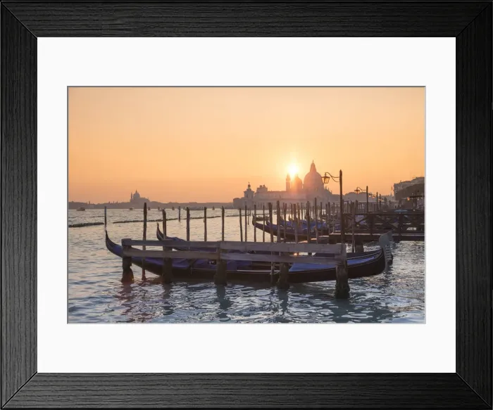 Framed Print : The Grand Canal with Gondolas dock, lamp post and Basilica of Saint Mary of Health at sunset Framed Print : The Grand Canal with Gondolas dock, lamp post and Basilica of Saint Mary of Health at sunset