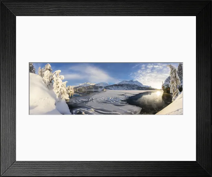 Framed Print : Panoramic of frozen Lake Sils, Plaun da Lej, Maloja Region, Canton of Graubunden Framed Print : Panoramic of frozen Lake Sils, Plaun da Lej, Maloja Region, Canton of Graubunden