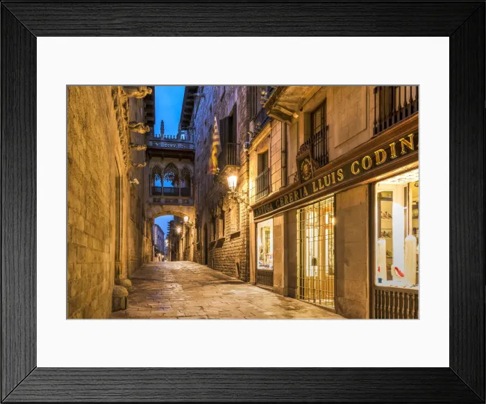 Framed Print : Night view of Carrer del Bisbe street with the picturesque Pont del Bisbe bridge Framed Print : Night view of Carrer del Bisbe street with the picturesque Pont del Bisbe bridge