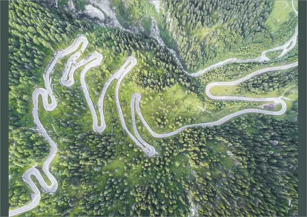 Aerial view of curves of the road between woods, Maloja Pass, Bregaglia Valley, canton