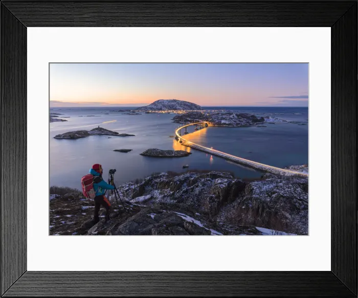 Framed Print : Photographer looks towards bridge and sea, Sommaroy island, Troms county, Norway (MR) Framed Print : Photographer looks towards bridge and sea, Sommaroy island, Troms county, Norway (MR)