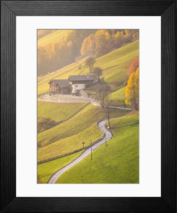 Framed Print : Two typical northern Italy houses surrounded by the colors of autumn in Funes Valley Framed Print : Two typical northern Italy houses surrounded by the colors of autumn in Funes Valley