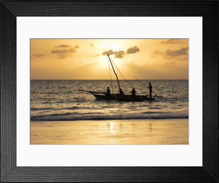 Framed Print : A silhouette of a dhow at sunrise, Matemwe, Zanzibar, Tanzania Framed Print : A silhouette of a dhow at sunrise, Matemwe, Zanzibar, Tanzania