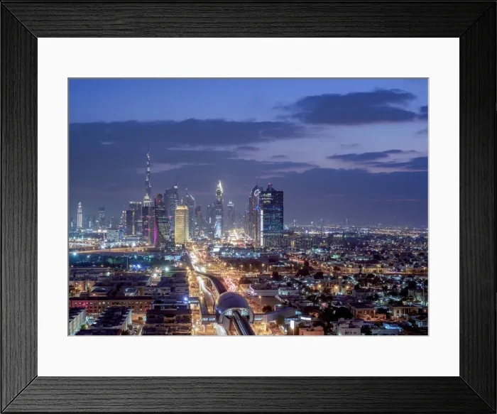 Framed Print : Financial Centre and Downtown at dusk, elevated view, Dubai, United Arab Emirates Framed Print : Financial Centre and Downtown at dusk, elevated view, Dubai, United Arab Emirates