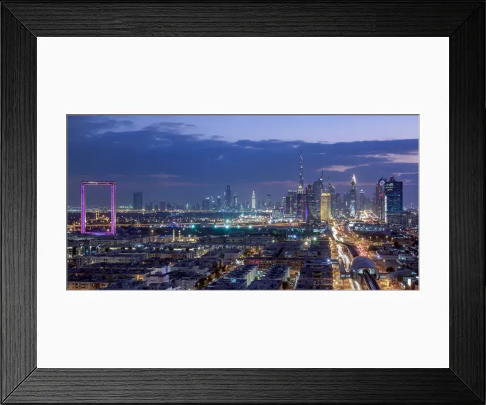 Framed Print : Financial Centre and Downtown at dusk, elevated view, Dubai, United Arab Emirates