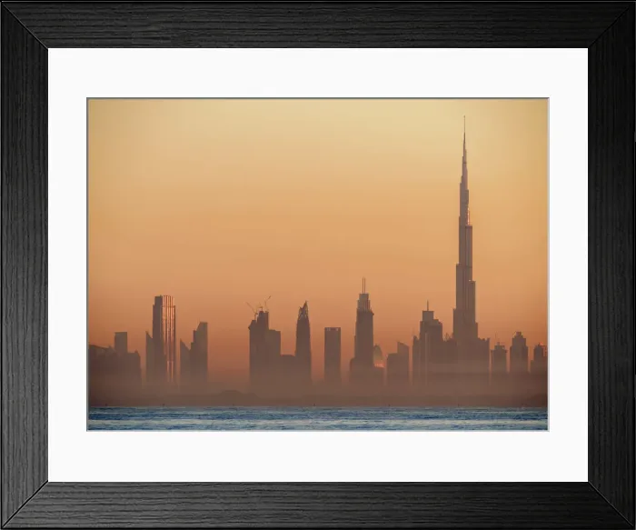 Framed Print : City Centre Skyline seen from Palm Jumeirah artificial island at sunrise, Dubai