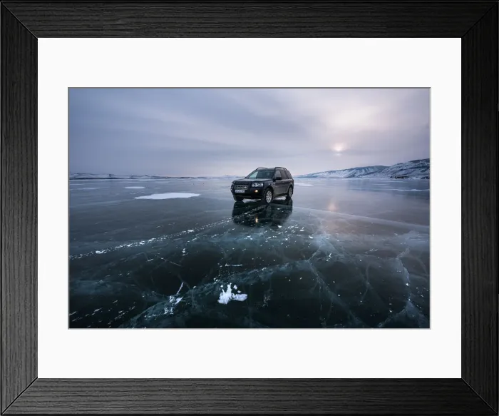 Framed Print : An offroad car over a flat ice at the lake Baikal, Irkutsk region, Siberia, Russia Framed Print : An offroad car over a flat ice at the lake Baikal, Irkutsk region, Siberia, Russia