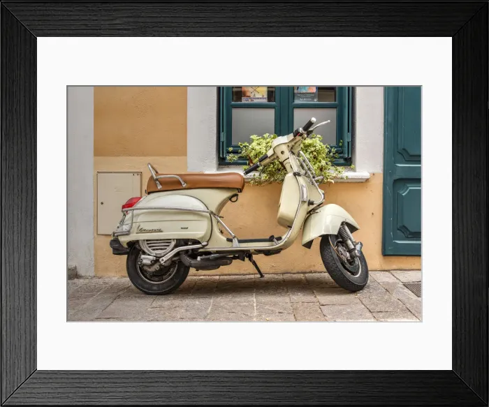 Framed Print : Old Vespa scooter parked in a street, Ceret, Pyrenees-Orientales, France Framed Print : Old Vespa scooter parked in a street, Ceret, Pyrenees-Orientales, France