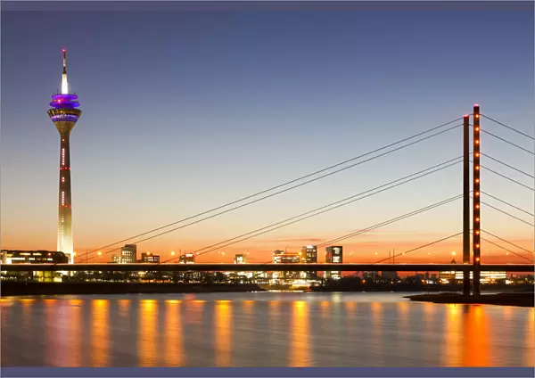 Rhine River and Rheinknie Bridge at Sunset, Dusseldorf, North Rhine Westphalia, Germany