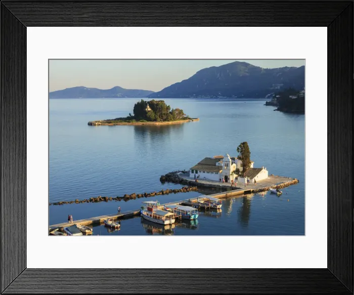 Framed Print : Elevated View to Vlacherna Monastery and the Church of Pantokrator on Mouse Island Framed Print : Elevated View to Vlacherna Monastery and the Church of Pantokrator on Mouse Island