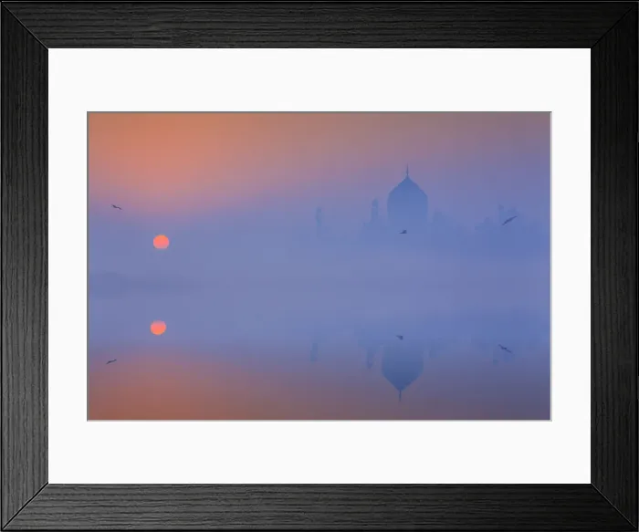 Framed Print : India, Taj Mahal memorial on a foggy morning with the sun rising in the background Framed Print : India, Taj Mahal memorial on a foggy morning with the sun rising in the background
