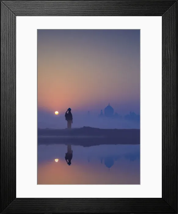 Framed Print : India, water carrying a water pot on a foggy morning with the sun rising on the Taj Mahal Framed Print : India, water carrying a water pot on a foggy morning with the sun rising on the Taj Mahal