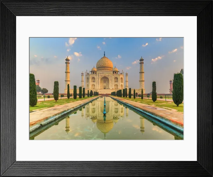 Framed Print : India, Taj Mahal mausoleum in the early morning reflecting in the water pool Framed Print : India, Taj Mahal mausoleum in the early morning reflecting in the water pool