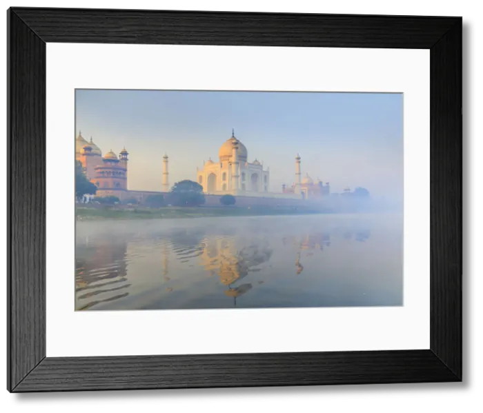 Framed Print : India, Taj Mahal reflecting in the Yamuna river on a foggy morning Framed Print : India, Taj Mahal reflecting in the Yamuna river on a foggy morning