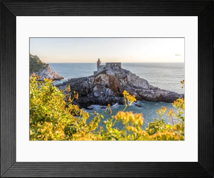 Framed Print : Europe, Italy, Liguria, Portovenere. Sunset with church San Pietro Framed Print : Europe, Italy, Liguria, Portovenere. Sunset with church San Pietro