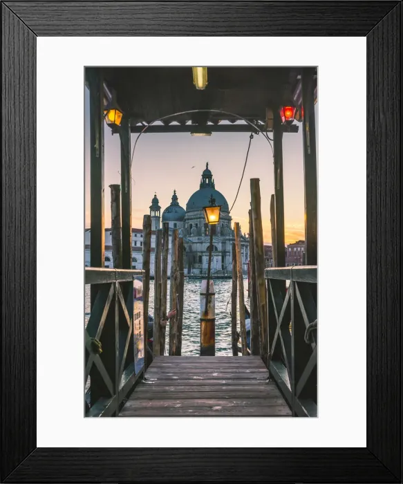 Framed Print : Venice, Veneto, Italy. Salute (St Mary of Health) Basilica and wooder pier at dusk