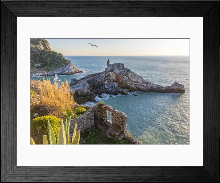 Framed Print : Europe, Italy, Liguria, Portovenere. Sunset with church San Pietro
