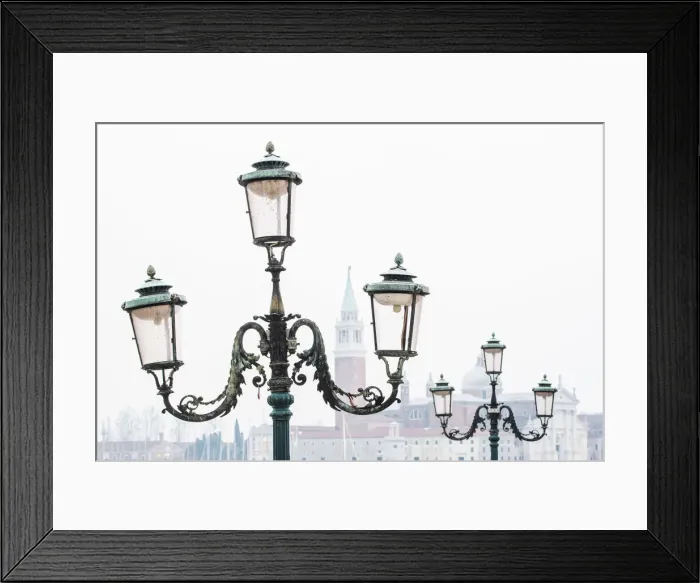 Framed Print : Venice, Veneto, Italy. Typical street lamps and San Giorgio Maggiore in a misty morning Framed Print : Venice, Veneto, Italy. Typical street lamps and San Giorgio Maggiore in a misty morning