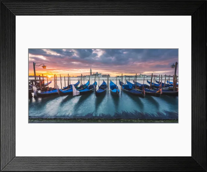 Framed Print : Venice, Veneto, Italy. Gondolas moored on Riva degli Schiavoni at sunrise Framed Print : Venice, Veneto, Italy. Gondolas moored on Riva degli Schiavoni at sunrise