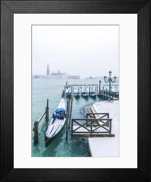 Framed Print : Gondolas with snow at St Marks waterfront, Venice, Veneto, Italy