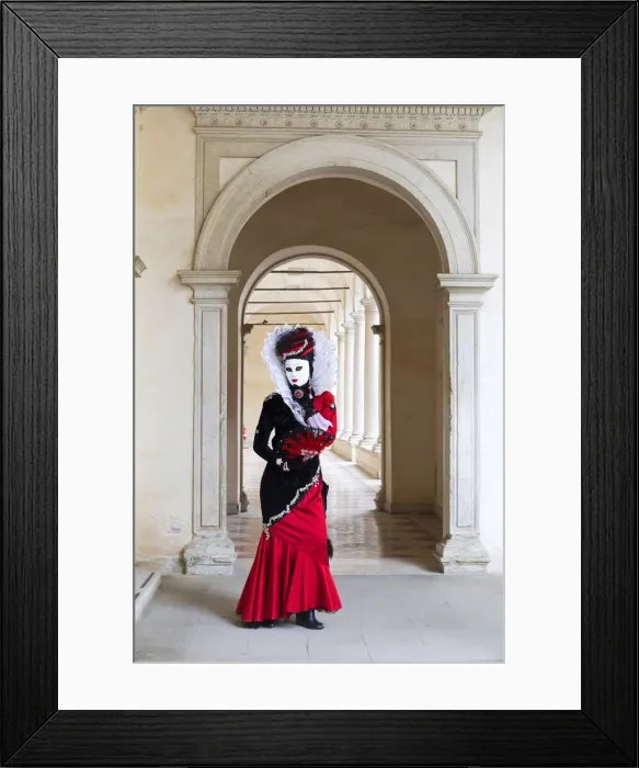 Framed Print : A woman in a red costume and mask poses in an archway during the Venice Carnival Framed Print : A woman in a red costume and mask poses in an archway during the Venice Carnival