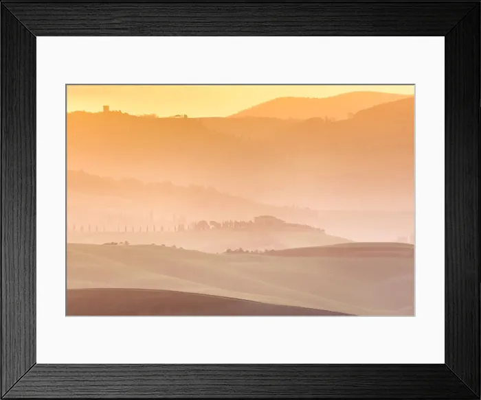 Framed Print : Country layers in backlight, Val d Orcia, Tuscany, Italy Framed Print : Country layers in backlight, Val d Orcia, Tuscany, Italy