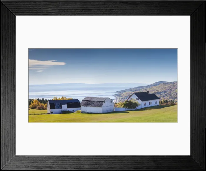 Framed Print : Canada, Quebec, Capitale-Nationale Region, Charlevoix, Sainte Irenee, elevated view of farm and St Framed Print : Canada, Quebec, Capitale-Nationale Region, Charlevoix, Sainte Irenee, elevated view of farm and St