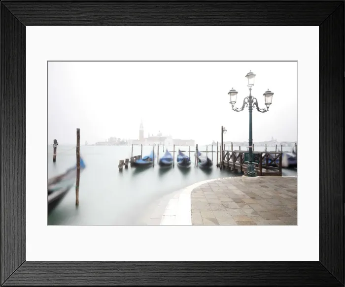 Framed Print : Gondolas moored at the Bacino di San Marco with a slightly visible Church of San Giorgio Maggiore Framed Print : Gondolas moored at the Bacino di San Marco with a slightly visible Church of San Giorgio Maggiore