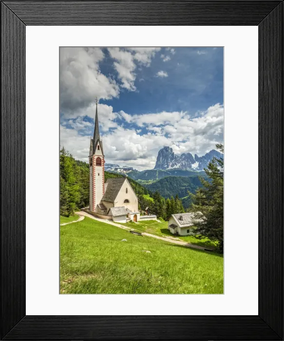 Framed Print : St. Jakob church with Langkofel - Sassolungo mountain group in the background, Ortisei - St