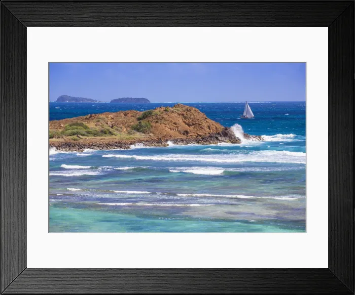 Framed Print : St Vincent and The Grenadines, Yatcht passing by Union Island, with Tobago Cays in Framed Print : St Vincent and The Grenadines, Yatcht passing by Union Island, with Tobago Cays in