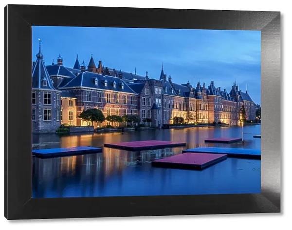 Hofvijver and Binnenhof at twilight, The Hague, South Holland, The Netherlands