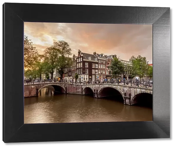 Keizersgracht and Leliegrach Canals and Bridges at sunset, Amsterdam, North Holland