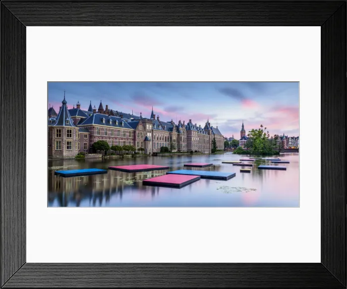 Framed Print : Hofvijver and Binnenhof at sunset, The Hague, South Holland, The Netherlands Framed Print : Hofvijver and Binnenhof at sunset, The Hague, South Holland, The Netherlands