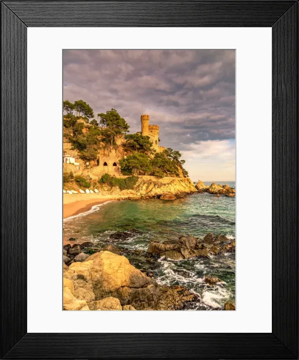 Framed Print : Sa Caleta beach with Castillo d en Plaja castle in the background, Lloret de Mar Framed Print : Sa Caleta beach with Castillo d en Plaja castle in the background, Lloret de Mar